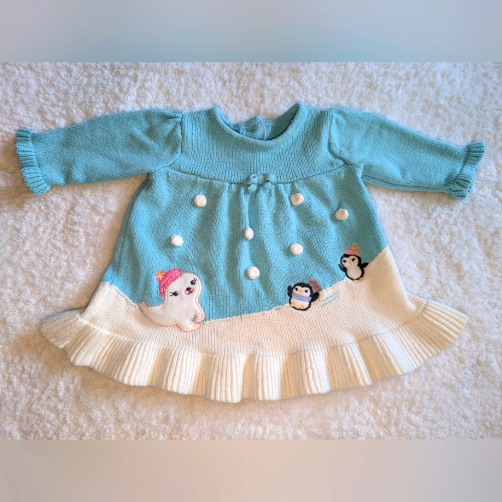 🐧 Gymboree Playful Penguin Blue Cream Ruffled Pompom Knit Baby Girl Dress 0-3